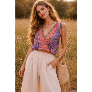 Free People Purple Pink Boho Floral Sleeveless Cropped Top SZ Large Boho Cottage